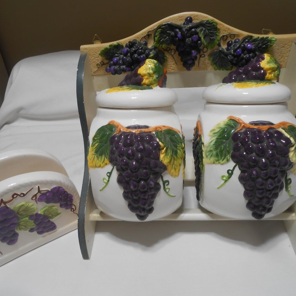 VTG 2 GRAPE CERAMIC CANISTERS w/ LIDS & WOODEN HANGING STAND & NAPKIN HOLDER 🍇